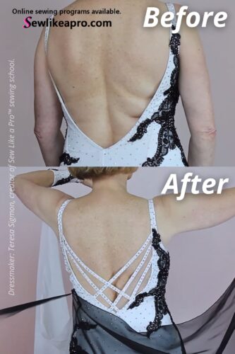 Add mesh and criss cross straps to cover an open back with sophistication. Get more country and ballroom dance, artistic roller and figure skating dress tips at SewLikeAPro.com.