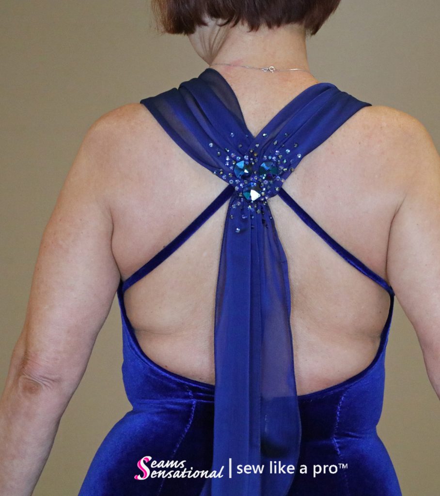 Stretch velvet paired with an iridescent chiffon is beautiful for Dancesport, Country and Skater dresses