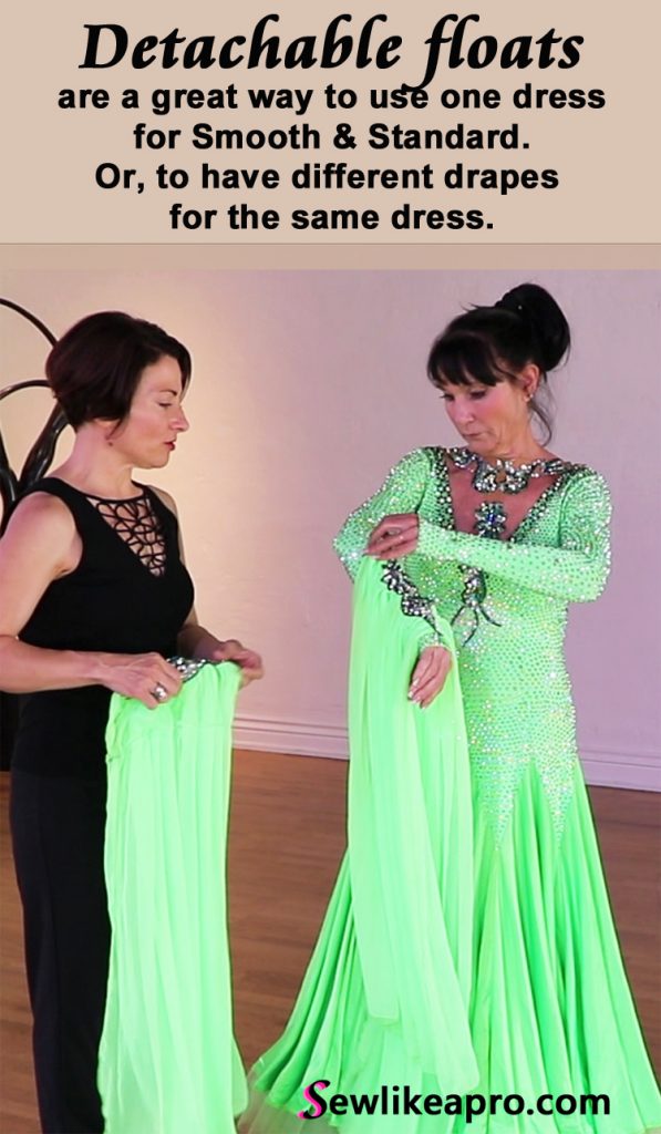 rhinestoned necklace and detachable chiffon floats are strong focal point on the Dancesport ballgown