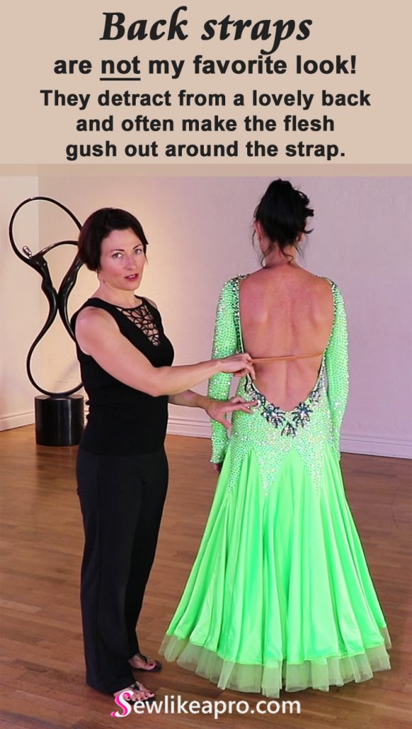 Rhinestoned necklace and a low-cut back are strong focal points on the Dancesport ballgown