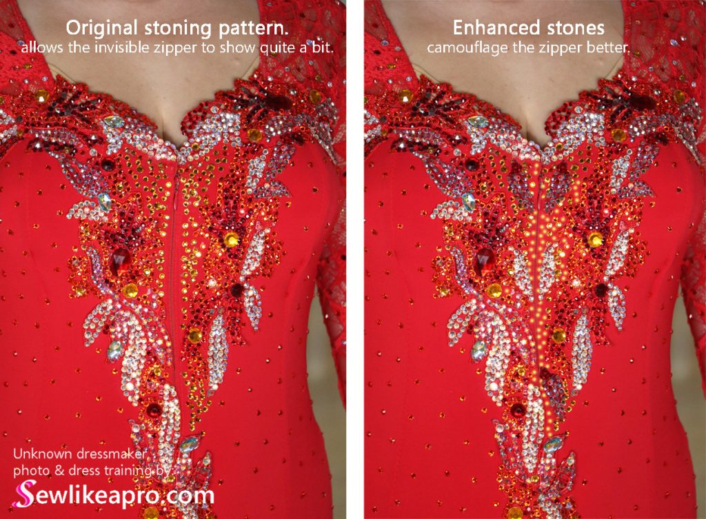 Pretty, Practical Smooth gown with rhinestoned focal point, front zipper and mesh sleeves, stretch lace