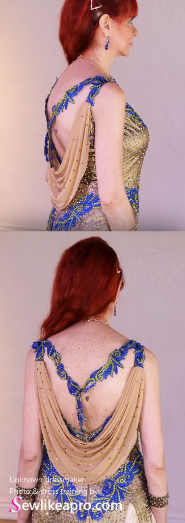 thoracic kyphosis, back cowl drape, ballroom dancer, smooth dance dress, rhinestones, Dancesport dress, ballroom dancing dress