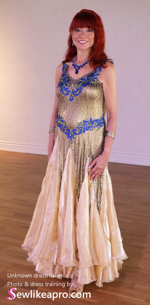 iridescent chiffon, georgette, organza ballgown skirt, star-point dance skirt, Standard ballroom dress, smooth dance dress, rhinestones, Dancesport dress, ballroom dancing dress, Teresa Sigmon, learn to sew ballroom dance dress