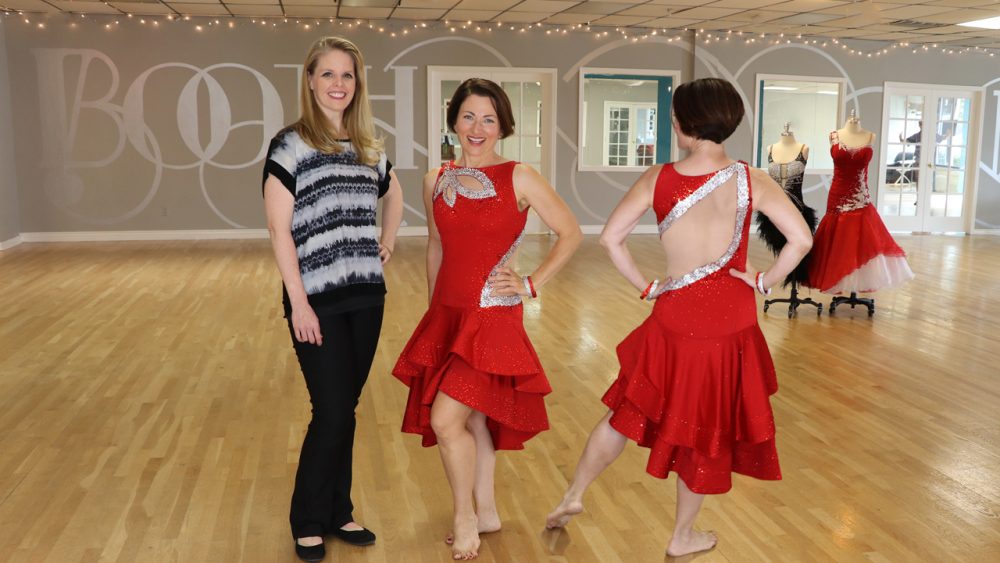 Sherri Hansen, dressmaker, Latin dance dress mesh cutouts, ruffle skirt, Booth Dancesport Ballroom Denver, Teresa Sigmon