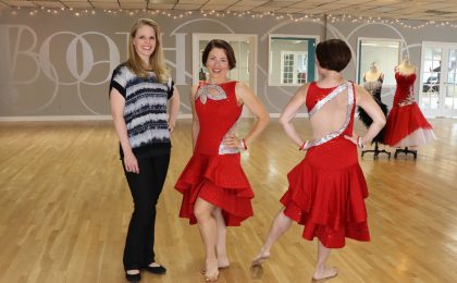 Sherri Hansen, dressmaker, Latin dance dress mesh cutouts, ruffle skirt, Booth Dancesport Ballroom Denver, Teresa Sigmon