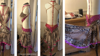 Animal print Latin Dancesport dress need sewing alterations to shorten a long leotard bodice and create better bust support.