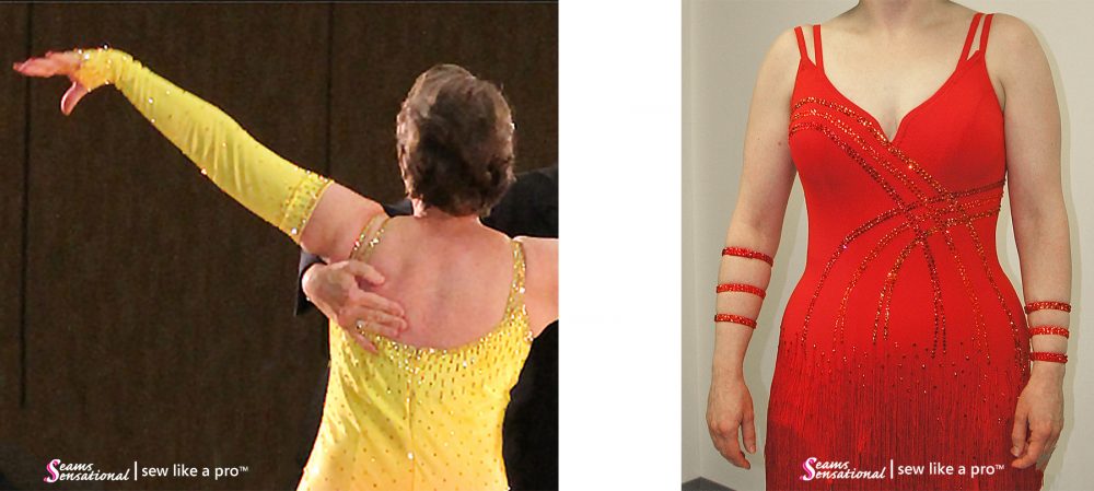 crisscross dress ice skating costume, bracelets gauntlets