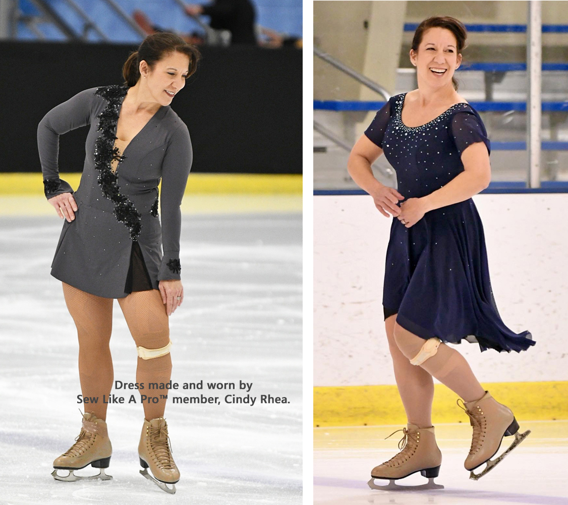 Cindy Rhea models two handmade figure skating dresses she sewed.