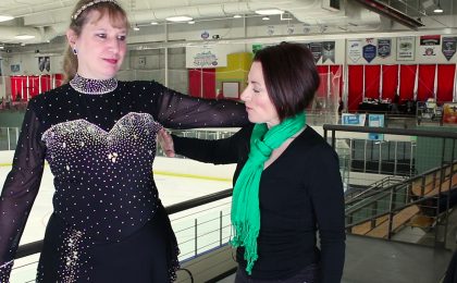 woman's ice skating leotard, Melissa, mesh sleeves, sweetheart neckline