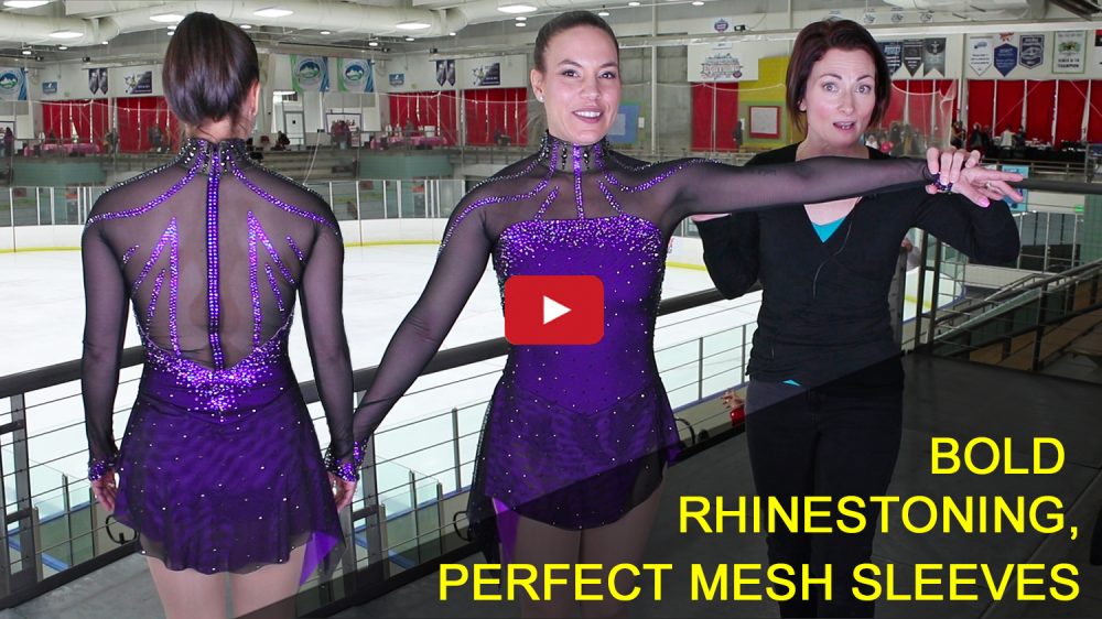 rhinestone pattern, mesh sleeves, women's adult figure skating costume