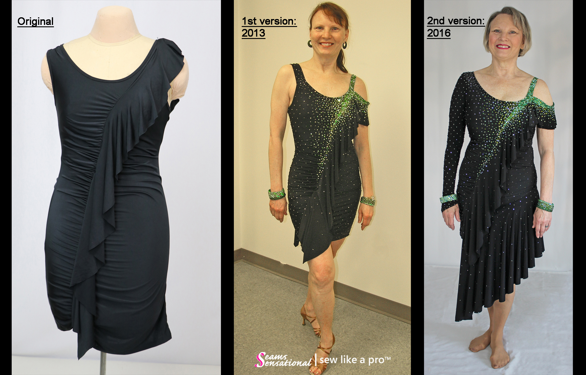 Change the look of a competition ballroom dance dress by changing the skirt, and/or by adding sleeves. ... In this case, I took a bargain-priced dress I found at a retail store, added a built-in leotard and dramatically changed the ruched and neckline by gathering one shoulder and adding a small swag drape. I accentuated the lovely flounce by cascading accent color rhinestones on the overdress.