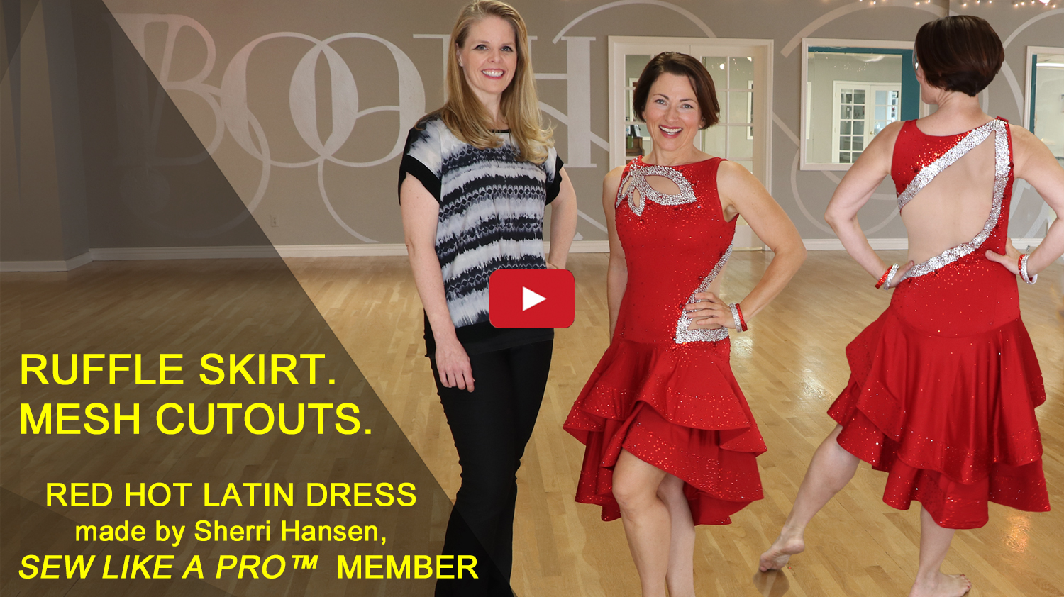 Sherri Hansen, dressmaker, Latin dance dress mesh cutouts, ruffle skirt,