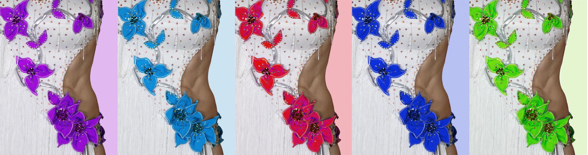 blue fabric flowers in many colors, chainette fringe