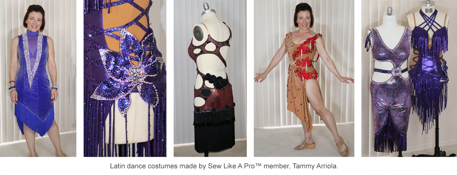 latin dance costumes by Tammy Arriola, chainette fringe