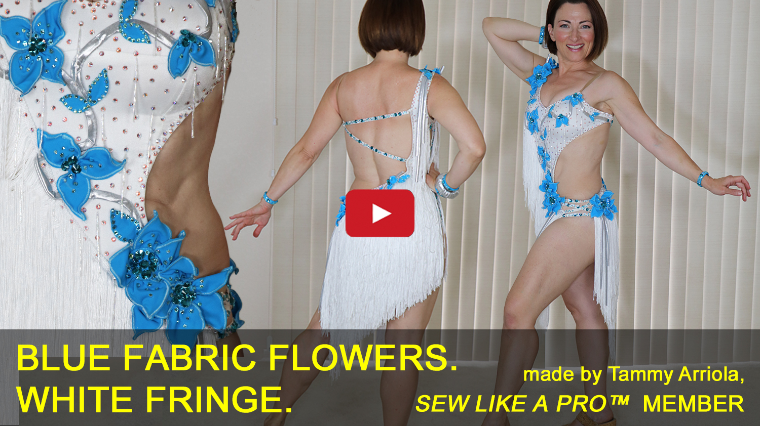 video thumbnail of white latin dress with fabric flower appliques and white fringe