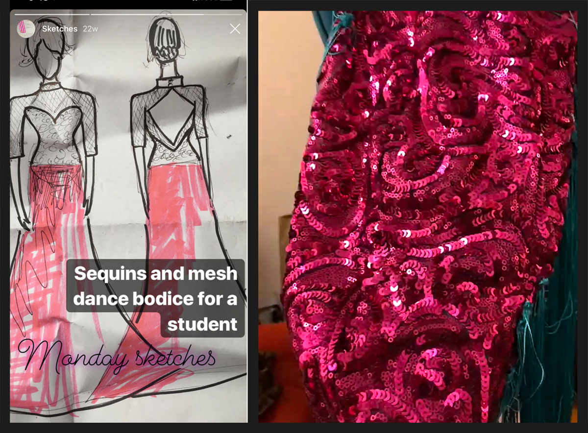 sequin fabric to make sequin appliques, ballgown sketch, Lauren Wilmore Made by LaLa, sequin dress