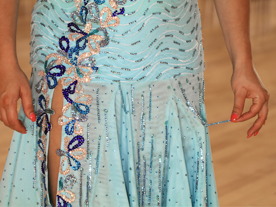 imitation beaded fringe, rhinestoned ribbon, pale blue Latin dance skirt
