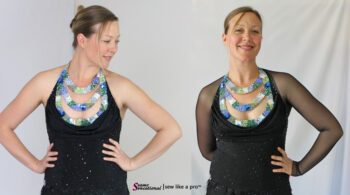 Adding mesh sleeves to any style ballroom dance, artistic roller or figure skating dress can dramatically change the way the competition dress looks and feels... rhinestoned necklace, Smooth dance ballgown, Bree Blevins
