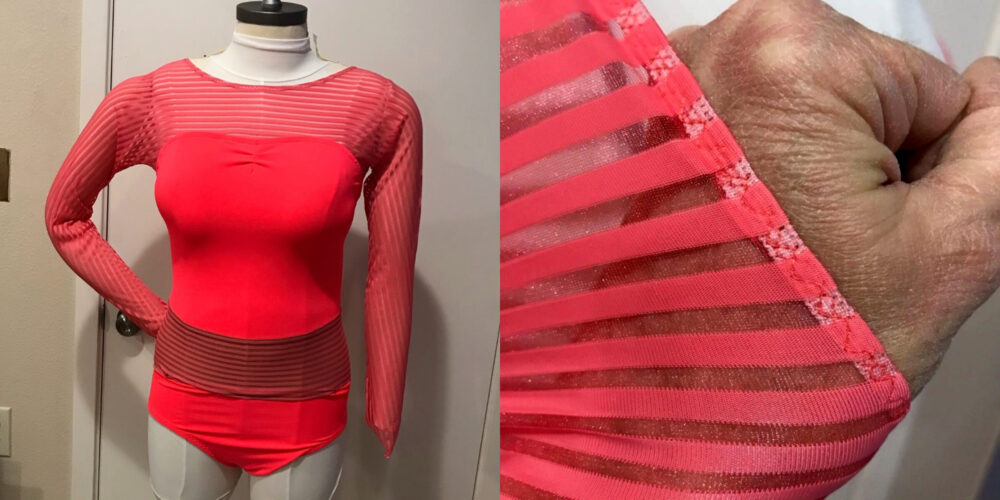 practice dancewear leotard on dress form and closeup of elastic