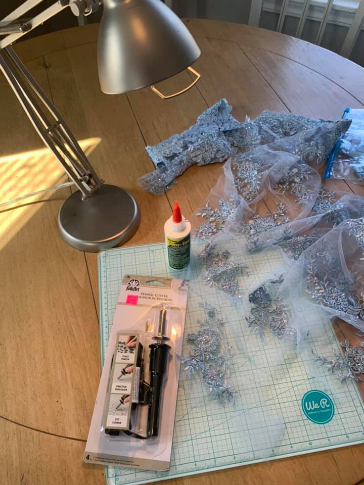 gemtac glue, stencil cutting tool, and other supplies