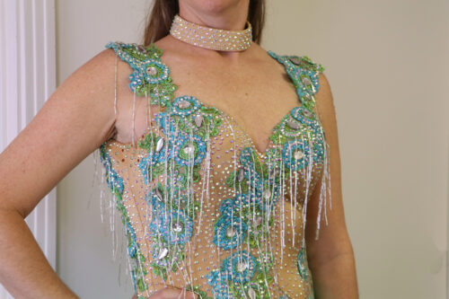 lace applique beaded fringe Latin dance ballroom dance costume, Duffy Betterton Dance Dress Couture