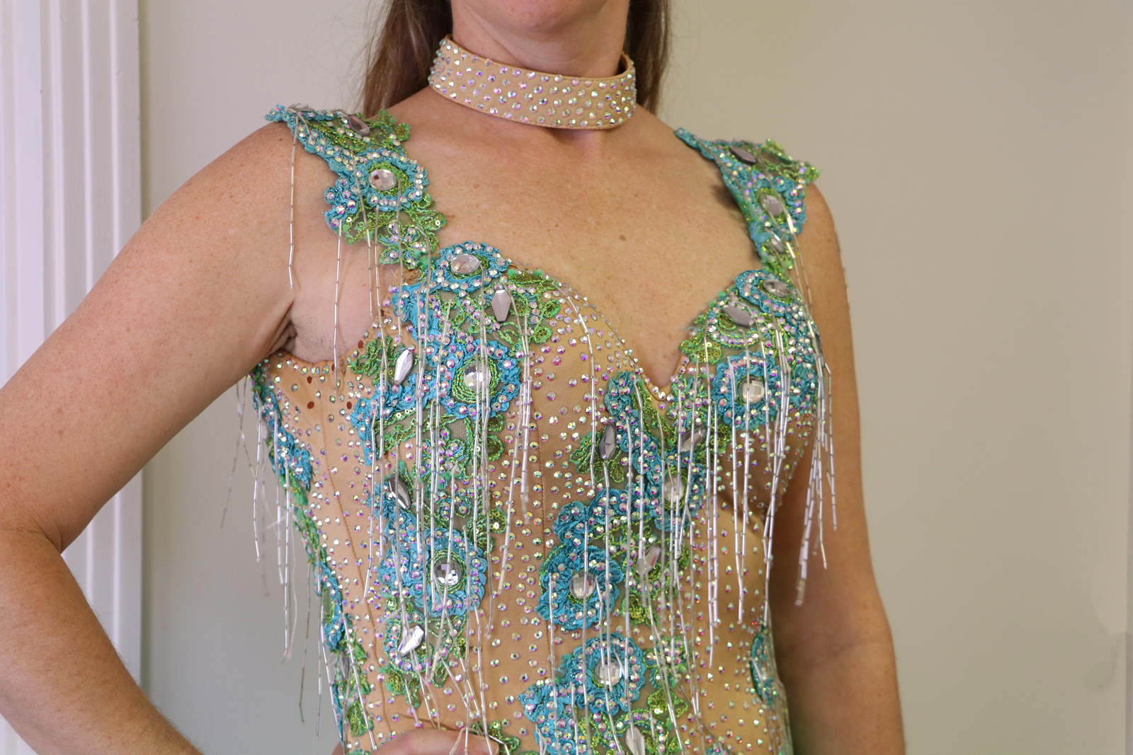 lace applique beaded fringe Latin dance ballroom dance costume, Duffy Betterton Dance Dress Couture