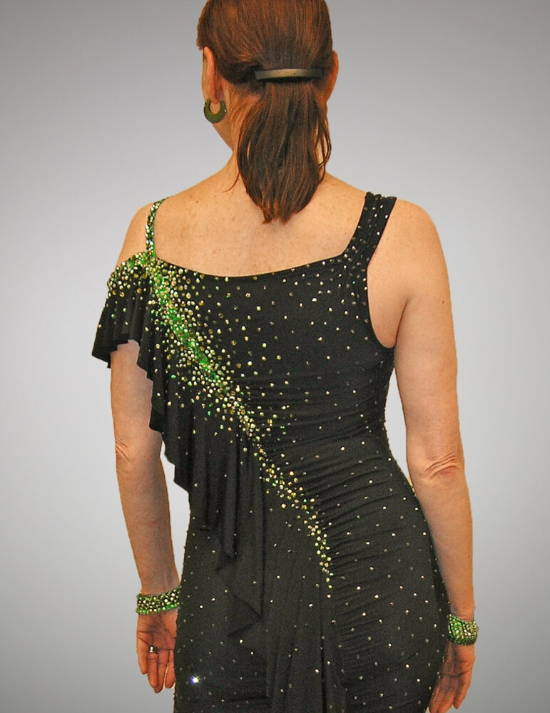 black latin dress with ruffle, back view