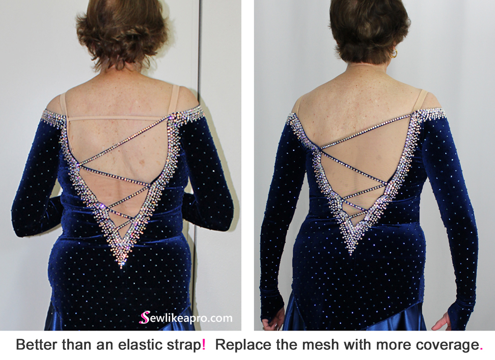 mesh back on matte stretch velvet Latin dance dress