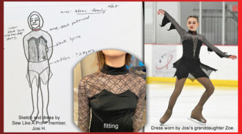 Morticia Addams skating dress sketch to ice time