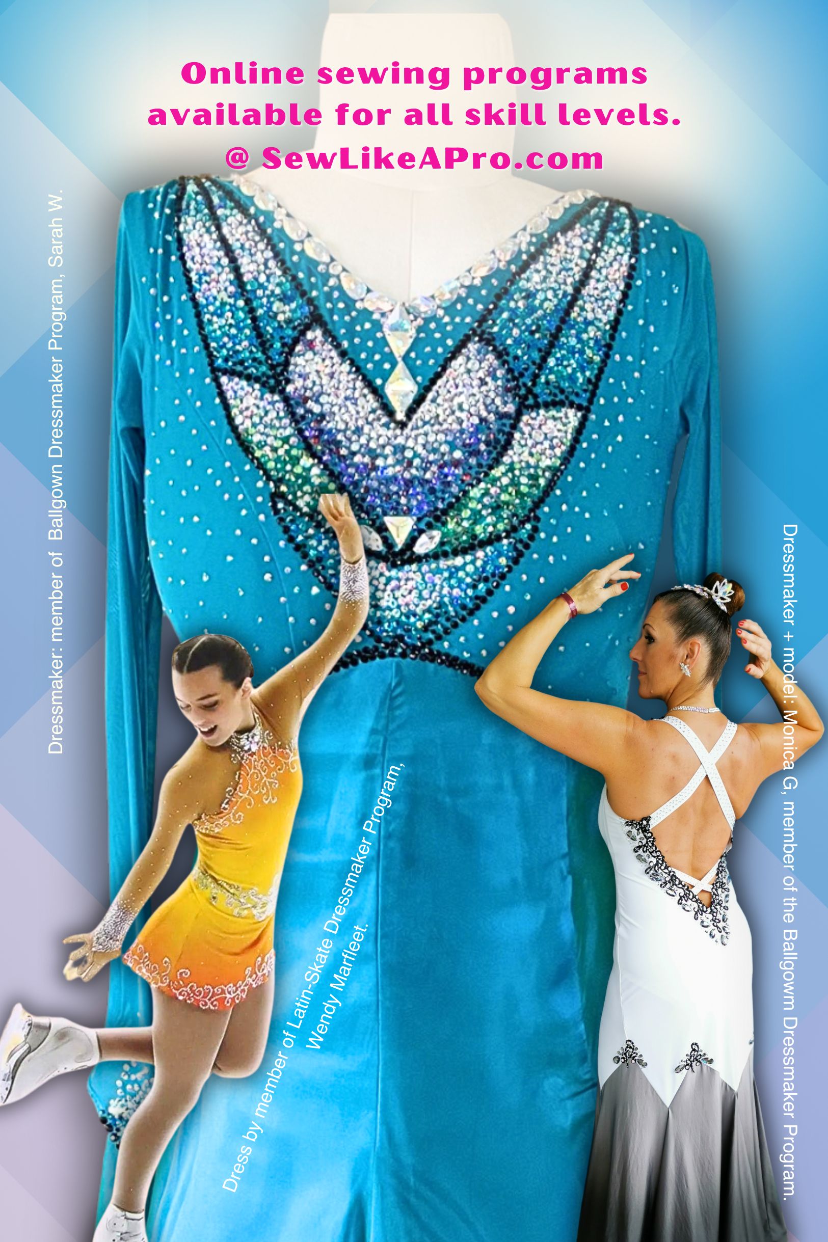 Learn to make professional quality Country and Ballroom dance, artistic roller and figure skating dresses for women and teenagers! Online sewing program available for all skill levels.