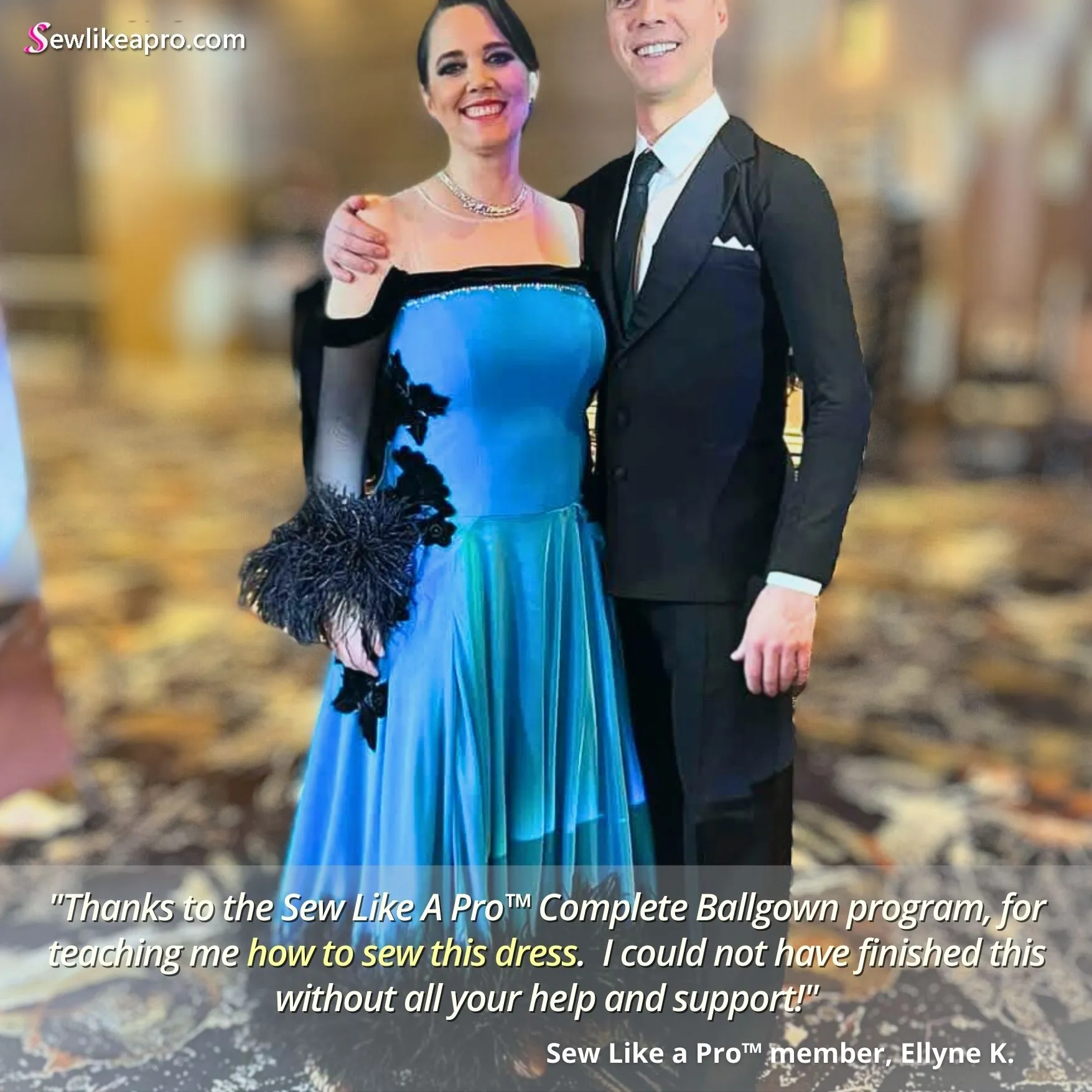 Online sewing school I could not have made this ballgown with you, Ellyne K, ostrich boas, lace appliques, lycra leotard