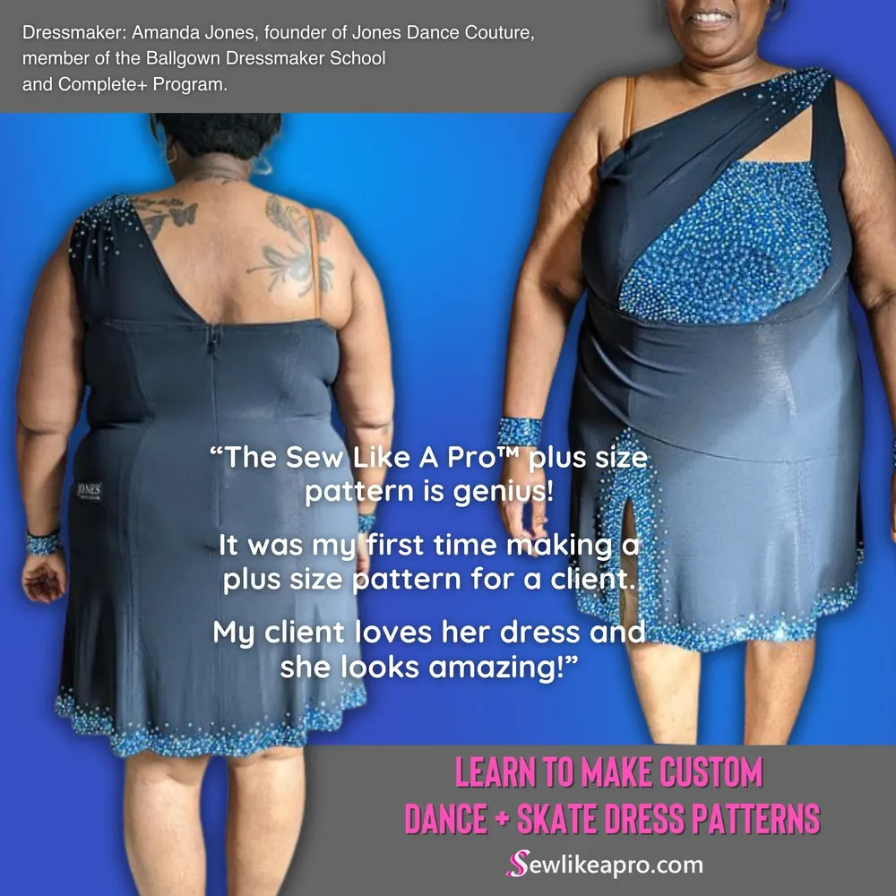 It was my first time making a Sew Like A Pro™ plus size pattern for a client.  My client loves her dress and she looks amazing! ... Learn to make large size women's ballroom Latin dance dress overdress, ruching made by Amanda Jones Dance Couture, member of Ballroom Dressmaker School and Advanced Dressmaker Program, online sewing programs.