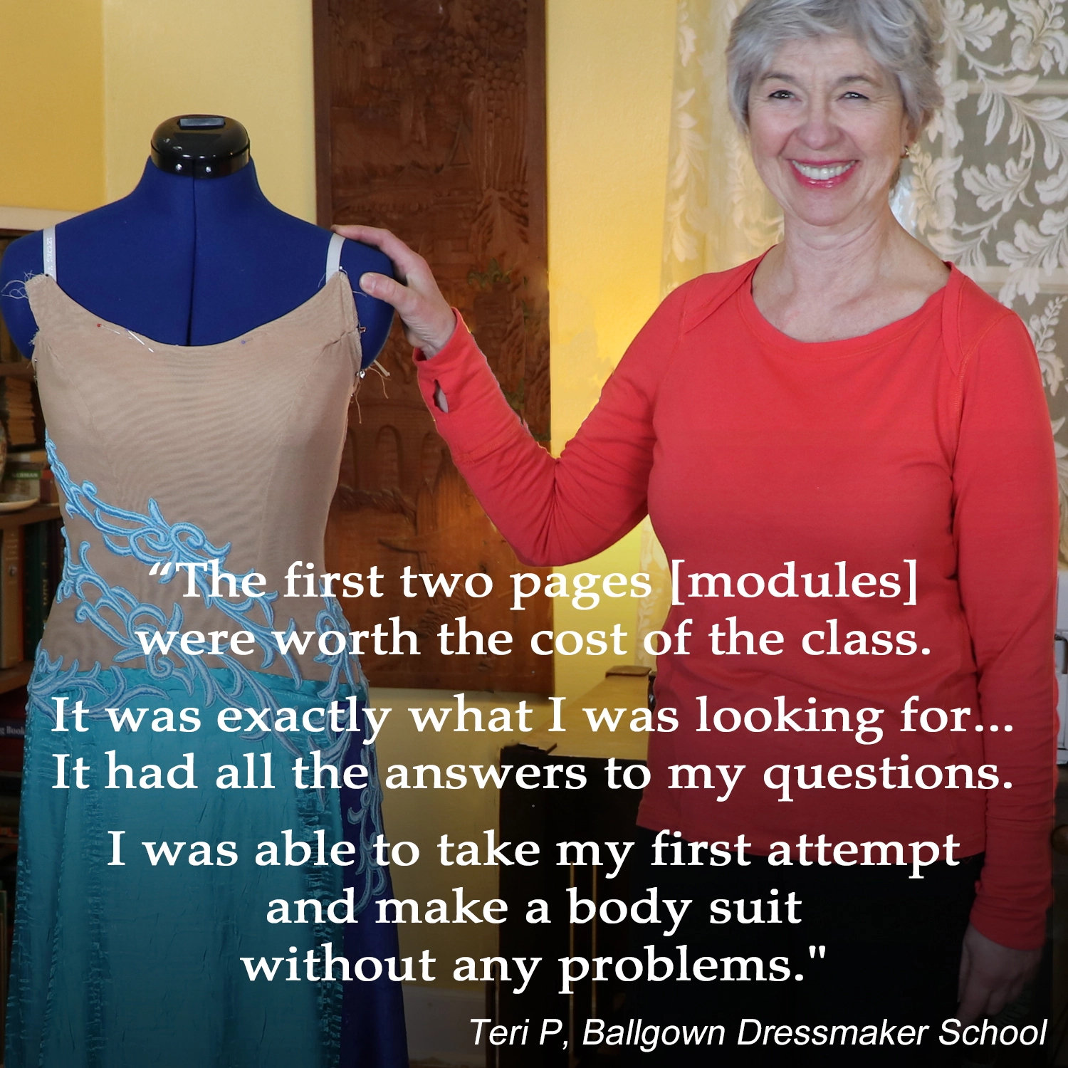 Worth the money to enroll in online sewing school, how to make ballroom dance dresses, Teri P testimonial 1, leotard, lace appliques, body suit