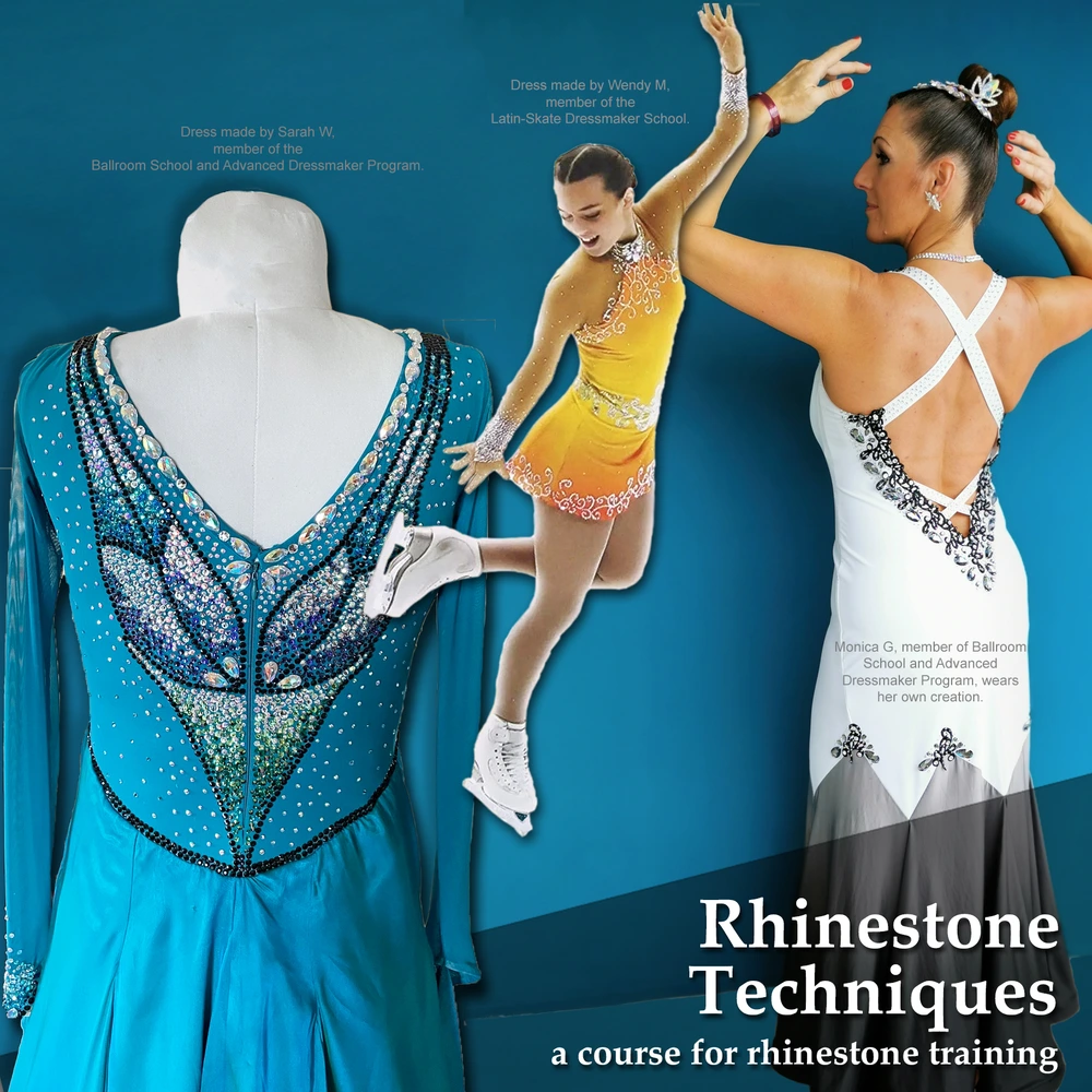 Get professional tips and hacks for rhinestoning artistic roller and ice skating dresses, ballroom and Latin dance, and all other types of dance and movement based costumes. Rhinestone glue. Sew-on jewels. Criss Cross back neckline. Godet star point skirt.