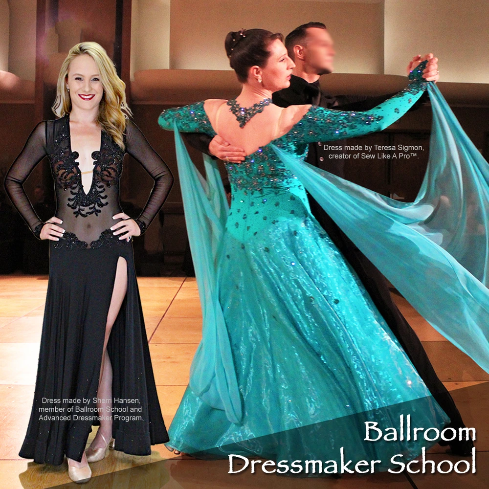 Learn to make Dancesport ballroom dance, Country, Line dance ballgowns for Smooth dance and Standard gowns. Comprehensive online sewing school for all skill levels.