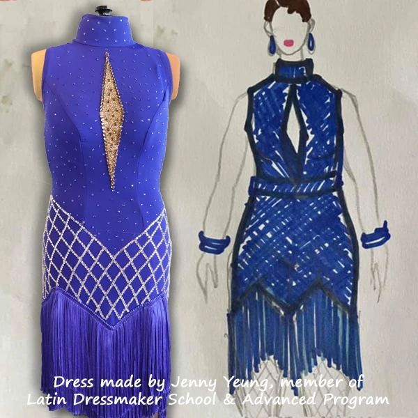 Plan and strategize details about your custom Latin ballroom dance, adult ice dance, figure skating, artistic roller to make the sewing process go more smoothly.  Competition dress using chainette fringe skirt, keyhole opening,  collar neckline made by Jenny Yeung, member of the Latin-Skate Dressmaker School and the Advanced Sewing Program