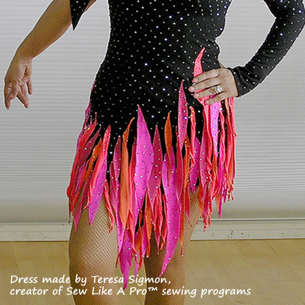 Learn to use flames, spirals or handkerchiefs on a custom made Latin Dancesport dress,  Artistic Roller, Ice Dance, Figure Skating costume.  Dress made by Teresa Sigmon, creator of all things Sew Like A Pro™