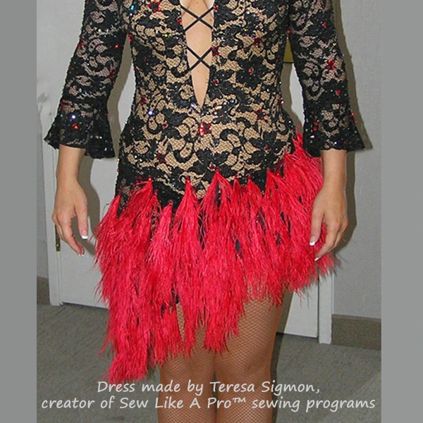 Ostrich feather pieces on stretch lace Latin dance skirt, dress made by Teresa Sigmon. Learn how to use feathers and feather alternatives to competition dance and skate dresses