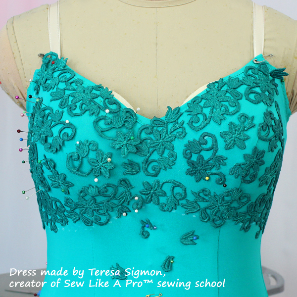 Lace motif appliqués on V neckline lycra Dancesport dress made by Teresa Sigmon