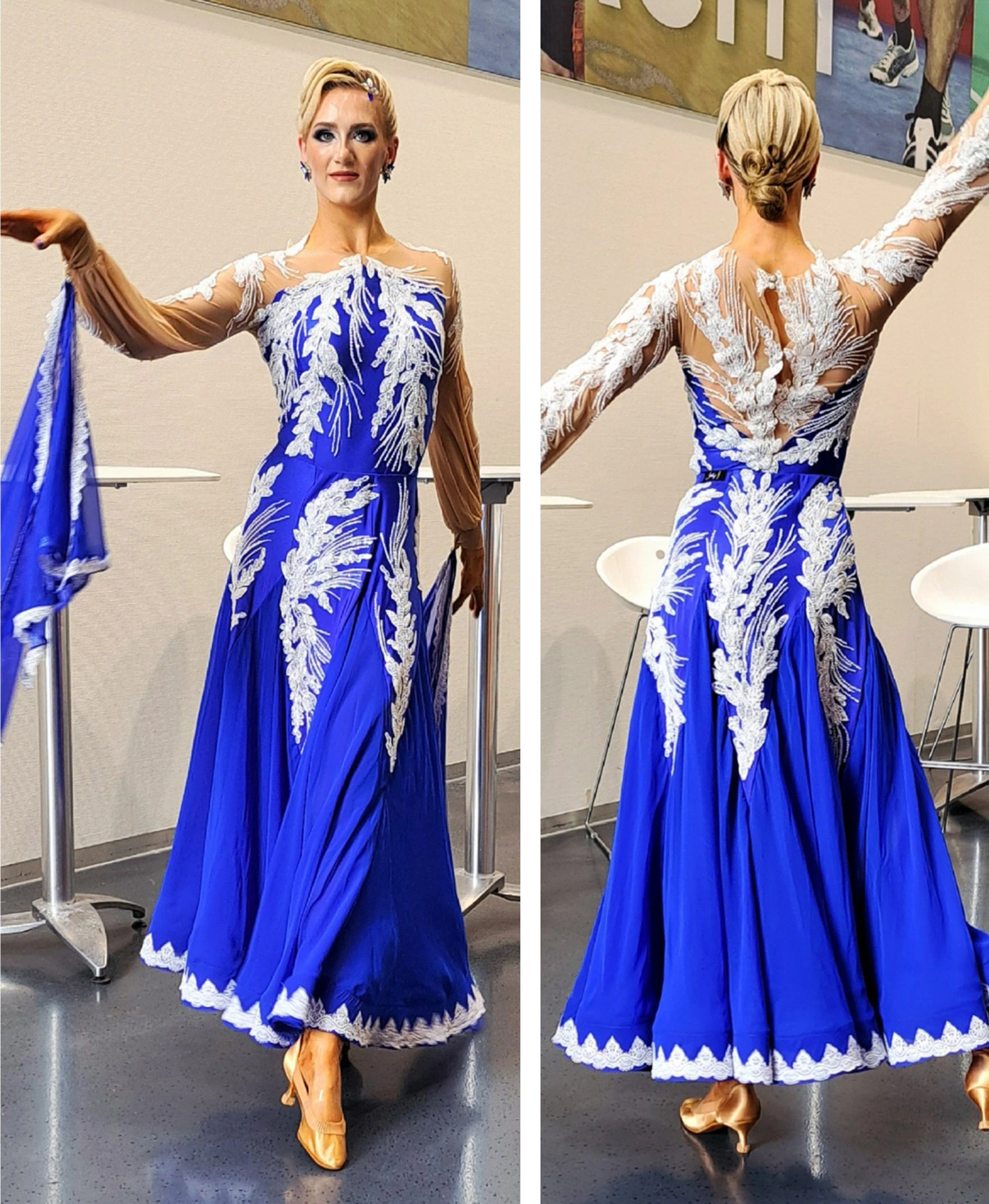 Standard ballroom dance skirt, bishop sleeve bodice, lace appliqués, mesh sleeve, dressmaker dancer Julia Pols member of Sew Like A Pro dressmaker schools