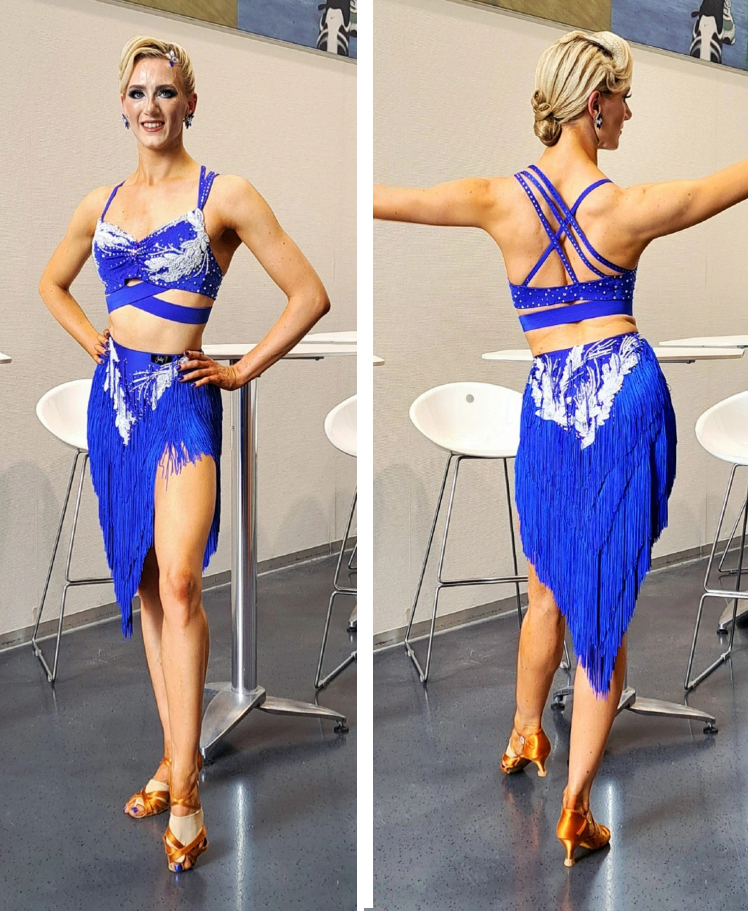 fringe Latin dance skirt, bra top with criss cross straps, lace motifs, dressmaker dancer Julia Pols member of Sew Like A Pro dressmaker schools