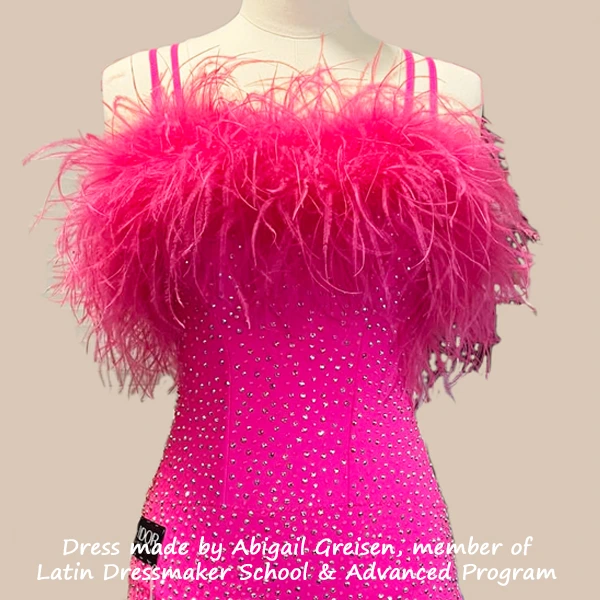 Learn to use feathers when making custom Ballroom Dancesport, Country and Line dance dresses for women and teens. Module 1 Ballroom dress sewing curriculum DESIGN Abigail Greisen pink Smooth Standard gown, ostrich feather neckline.