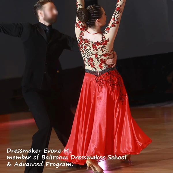 Learn to create custom Ballroom Dancesport, Country and Line dance dresses for women and teens.  Module 1 Ballroom dress sewing curriculum DESIGN Smooth dance dress, lace motifs, mesh back, charmeuse skirt. Dressmaker, Evonne, member of the Ballroom Dressmaker School