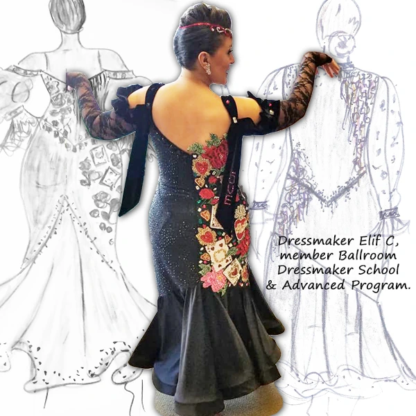 How to make the sewing process go more smoothly when making a custom dresses for Ballroom Dancesport, Country and Line dance dresses?  Plan and strategize details in module 1 of the online sewing school.  Standard dance dress made by Elif C, member of the Ballroom Dressmaker School and the Advanced Sewing Program. Godet star point skirt, card, flower sequin lace motifs.
