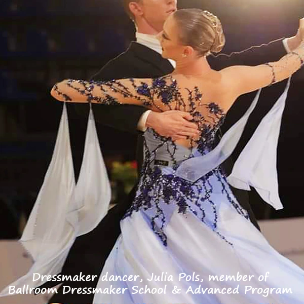 Learn to make custom Ballroom Dancesport, Country and Line dance dresses for women and teens. Dressmaker and dancer, Julia Pols, wearing her blue Standard gown with handkerchief floats arm accessories, godet star point skirt, lace appliqués, mesh back