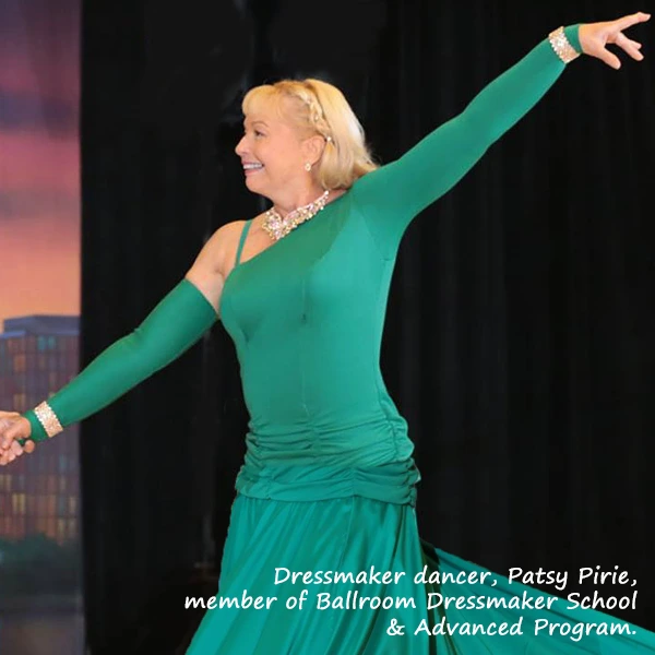 Learn to make custom Ballroom Dancesport, Country and Line dance dresses for women and teens. Lycra bodice with ruching, Smooth Waltz skirt that is removable to wear with fringe skirts, ruffle skirt and a night club two step skirt, Dressmaker, country dancer, Patsy Pirie