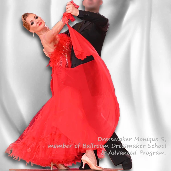 Learn to make custom Ballroom Dancesport, Country and Line dance dresses for women and teens.  Dressmaker and dancer, Monique S, wearing a Standard dance dress she made, ostrich feathers, chiffon georgette, rhinestones