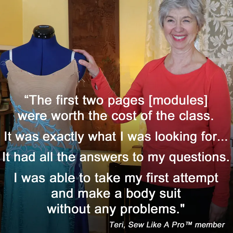 Worth the money to enroll in online sewing school, how to make ballroom dance dresses, Teri P testimonial 1, leotard, lace appliques, body suit