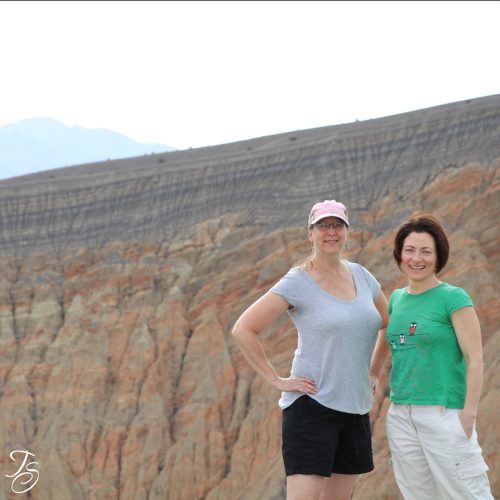 Teresa Sigmon and Rhonda Shotts, long time friends, dancers and sewists, camping in Death Valley National Park with a streneuous sandy hike at Ubehebe Crater