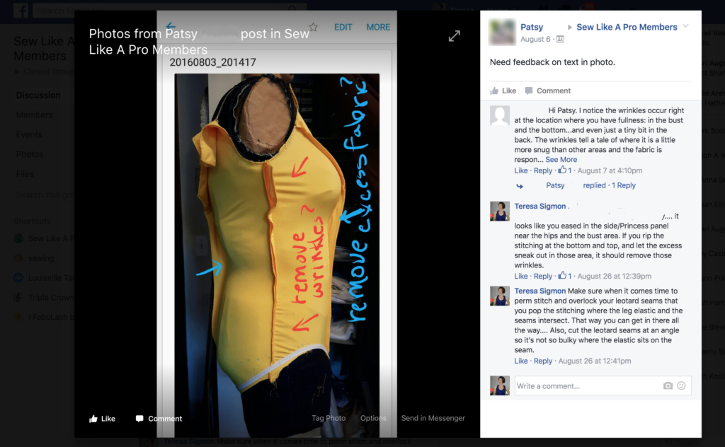 Sew Like A Pro™ Student Work, discussing ways to remove wrinkles on a leotard